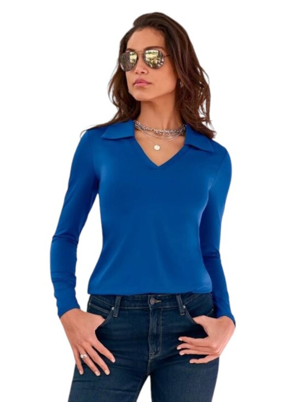 Boston Proper Women's Lapis Blue So Modern Collared V Neck Long Sleeve Top